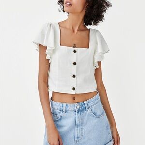 Zara White Square-Neck Ruffle Sleeve Button Crop Top